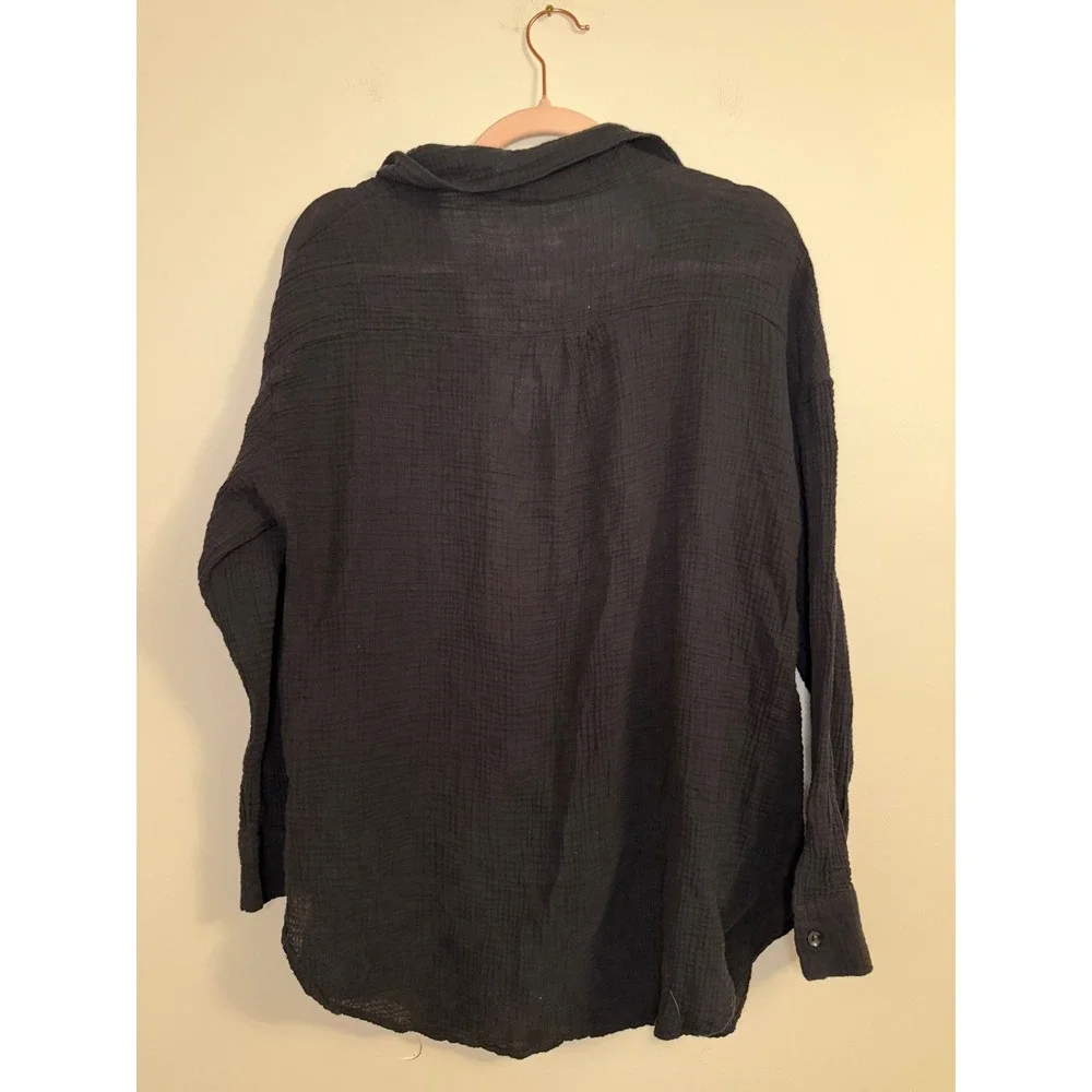 Shade & Shore Womens XL Black Gauze Button Down Swim Cover Up Shirt Long Sleeve